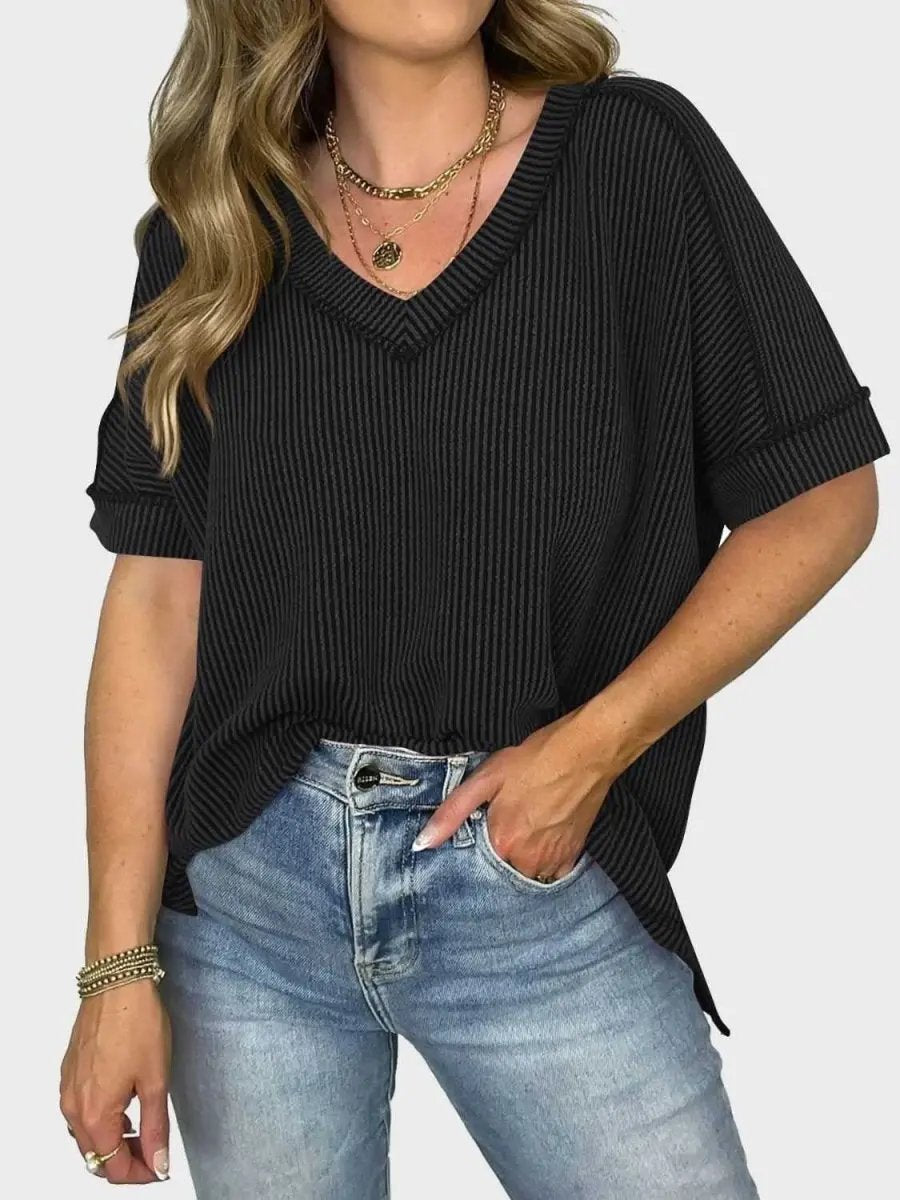 Lovelet Texture V-Neck Half Sleeve T-Shirt - Love Salve